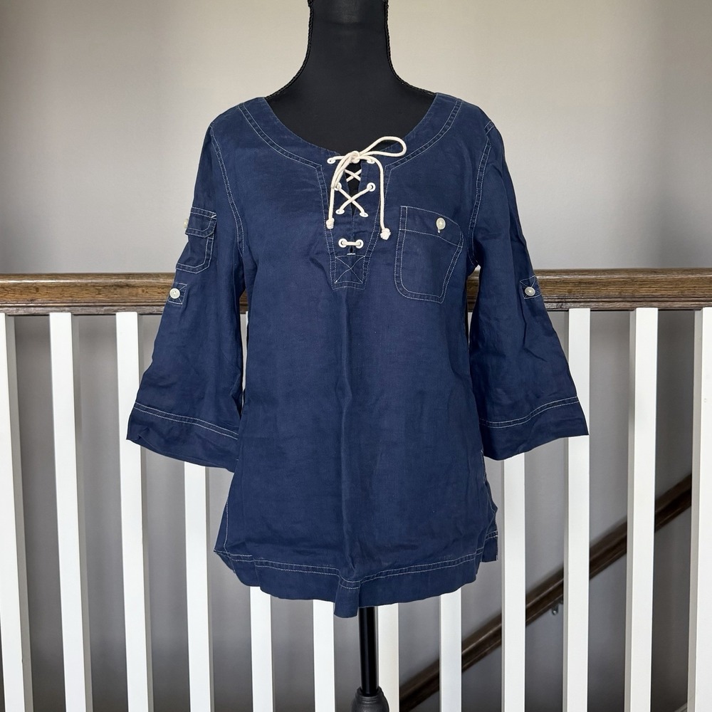 Ralph Lauren Jean Company 100% Linen Drawstring Roll Sleeve Tab Top MP Coastal
